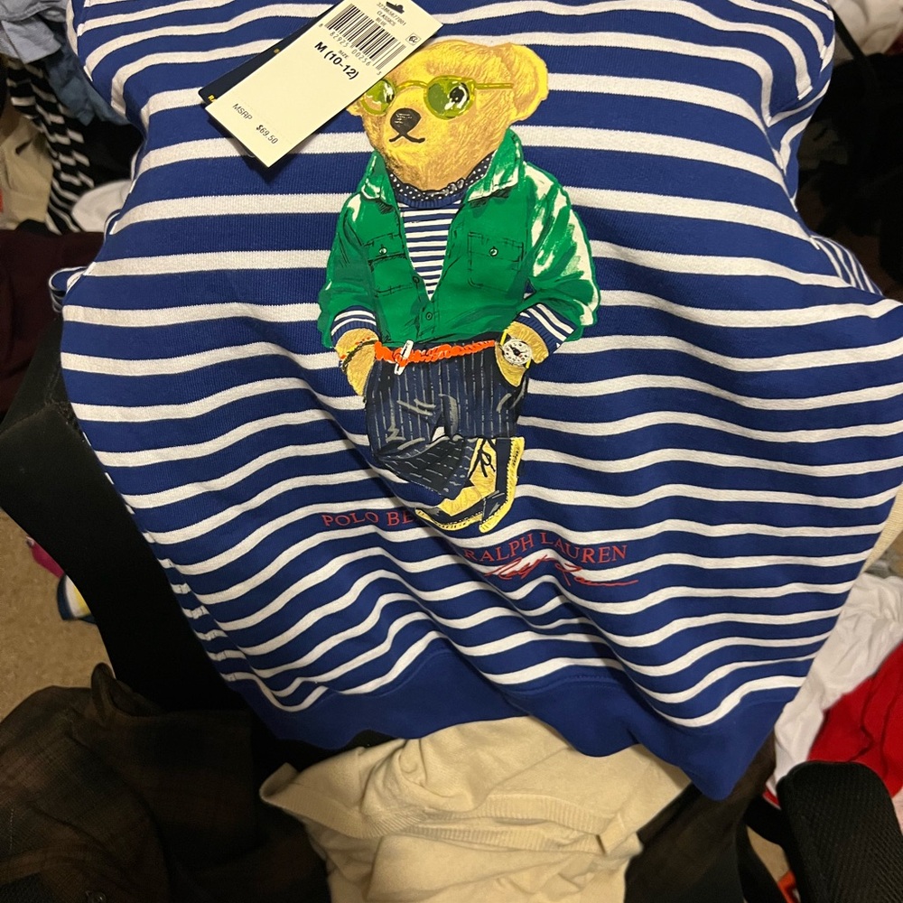 Ralph Lauren Blue and White Striped Sweater with Bear Motif